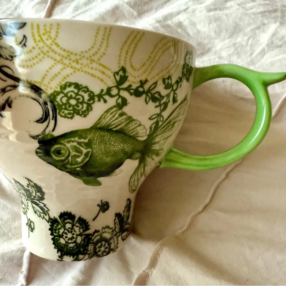Anthropologie Menagerie Green Floral Fish Pedestal Coffee/Tea Mug - Picture 7 of 14